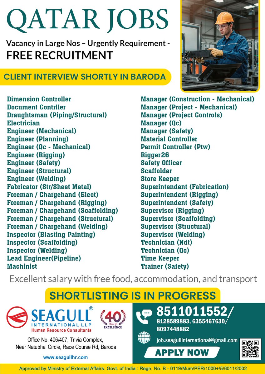 hrd1_seagull's tweet photo. 🇶🇦Qatar Jobs
💻Client Interview Shortly
📍Location - Baroda
.
.
.
#qatarjobs #seagull #dimensioncontroller #storekeeper #leadengineer https://t.co/aQvuTof7m0