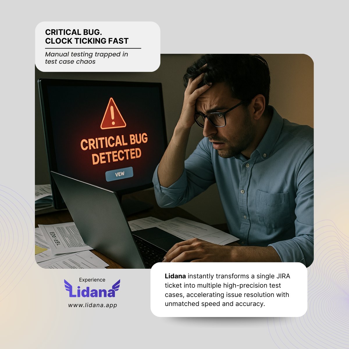 LidanaApp's tweet photo. A critical bug froze ops. Clients screamed. Testers scrambled — lost in chaos. ❌  One whisper: "Lidana can save us."  
✅ Auto-generates test cases 
✅ Prioritizes impacted features 
Meet Lidana 👉 https://t.co/5VLOcrS3u0 
#SoftwareTesting #QA https://t.co/waIYpcPgVI