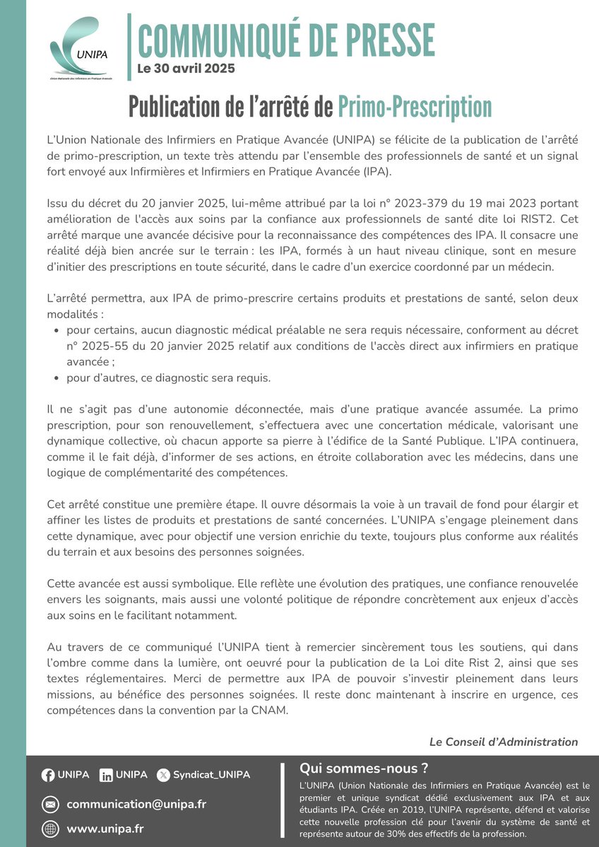 Une avancée majeure pour les Infirmiers en Pratique Avancée !

L’arrêté de primo-prescription vient d’être publié : il concrétise une évolution attendue de longue date par les IPA et marque une reconnaissance forte de leurs compétences.

Cette étape, fruit de plusieurs années de