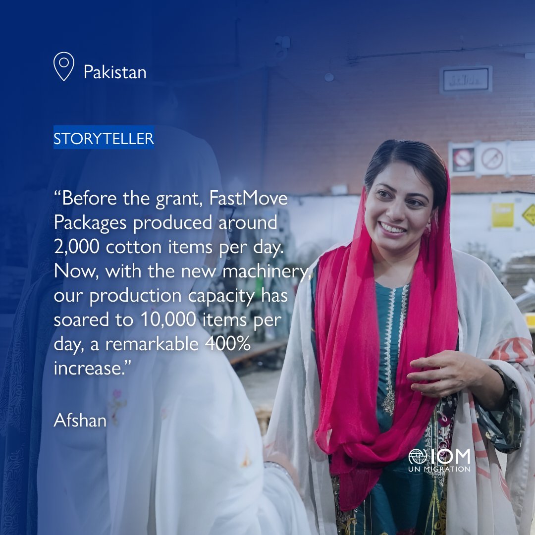 Afshan is proving that women can thrive in any industry! 

With EU 🇪🇺 &amp; IOM support, her business FastMove Packages is creating opportunities for women in Pakistan 🇵🇰.

Read her story: bit.ly/4cUjXSY