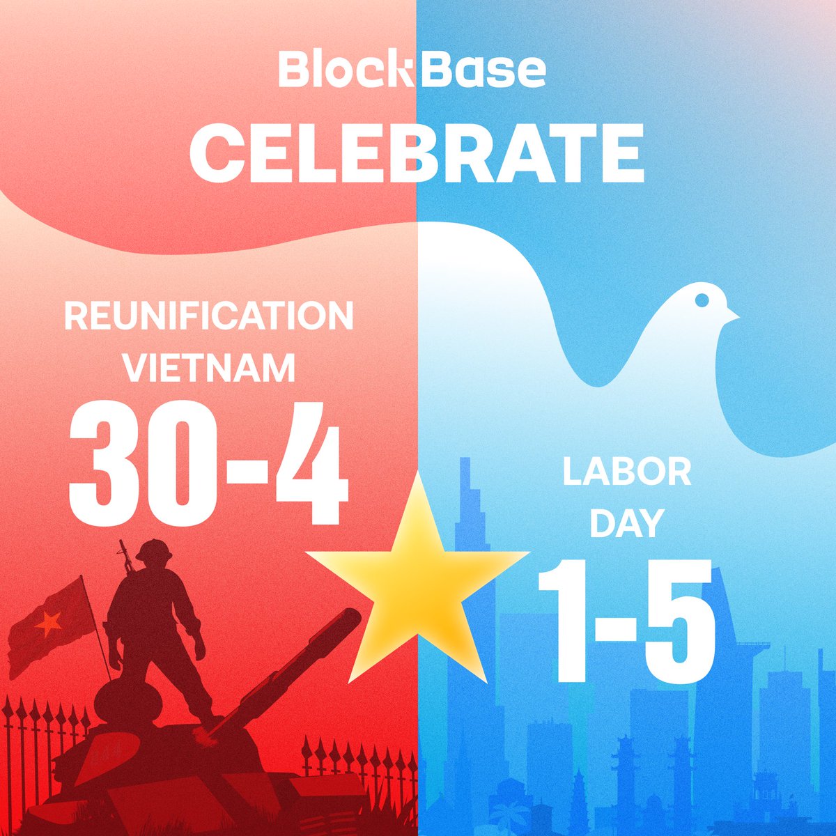 blockbaseco's tweet image. Commemorating Vietnam’s Reunification and honoring workers worldwide.
BlockBase appreciates all contributions towards a brighter Vietnam! Happy April 30th &amp;amp; May 1st! 🇻🇳️🌍

#VienamReunification #InternationalLaborDay #BlockBase
