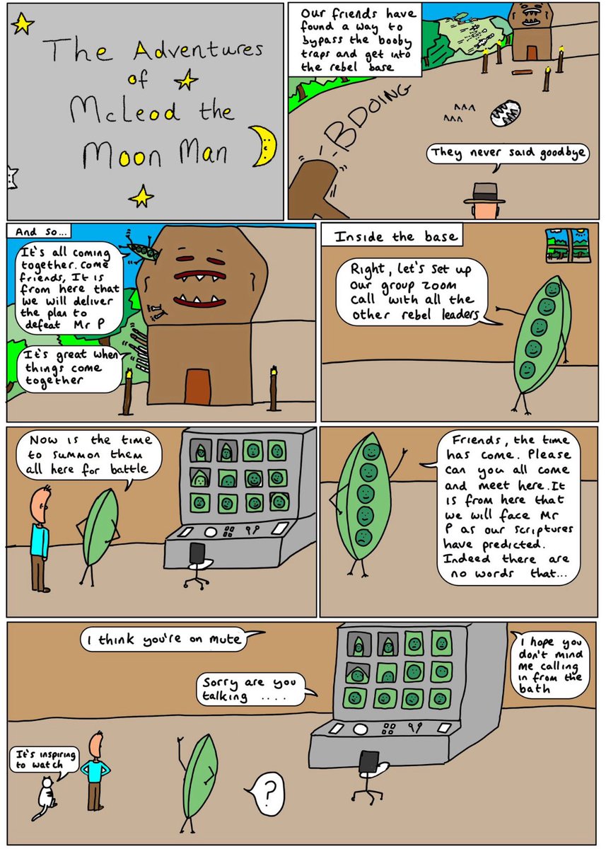 McleodMoonMan's tweet photo. Book 3: Mcleod the Moon Man Meets the Podfather Page 40: Inspiring the troops on Zoom #mcleodthemoonman #comicbooks #comics https://t.co/m5MUnNmaZy