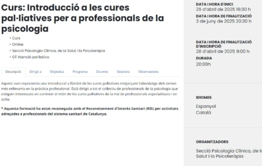 Iniciat el curs d'Introducció a les Cures Pal.latives, al Col.legi Oficial de Psicòlegs de Catalunya, amb la participació de professionals de l'EAPS Mutuam.
Agraits per l'interès i la implicació del COPC, especialment al Jonathan Levit, Coordinador del GTAP
<a href="/CatEaps/">EAPS Catalunya</a> 
<a href="/grupmutuam/">GrupMutuam</a>
