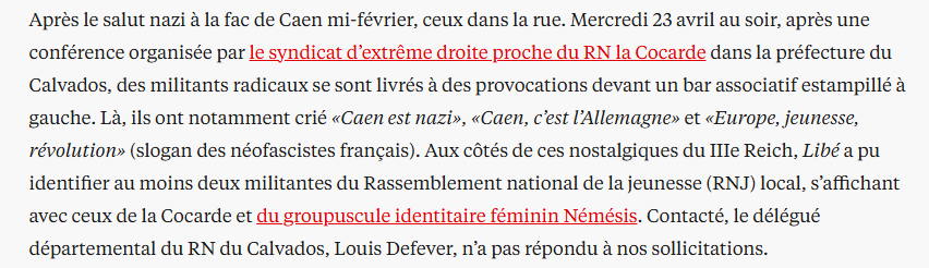 #Rediabolisation
«Caen est nazi» : dans le Calvados, des jeunes #RN s’acoquinent avec des nostalgiques du IIIe Reich
liberation.fr/politique/caen…