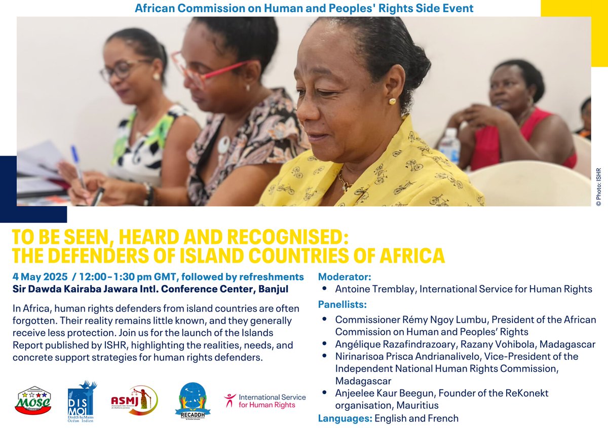 📢 Don’t miss this!
On 4 May, join us to hear from human rights defenders from African island countries about their needs to better navigate national and international protection mechanisms.
🔗 More info: ishr.ch/events/to-be-s…
#ACHPR83 #HumanRights