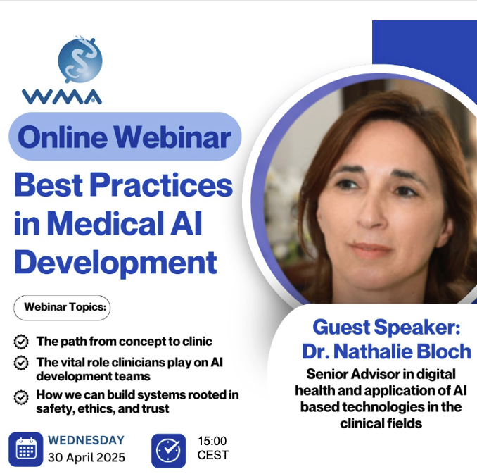 Today! ⏱️ 15:00 CEST "Best Practices in Medical AI Development" <a href="/medwma/">World Medical Association</a> AI in medicine webinar 4! With <a href="/DrNathalieBloch/">Nathalie Bloch</a> digital health &amp; AI-based tech in clinical fields, <a href="/DoctorJesseMD/">Jesse Ehrenfeld MD MPH</a> &amp; Jacob Mathew  🔗 ow.ly/3kEZ50VFgPO  #ArtificialIntelligence #MedTech