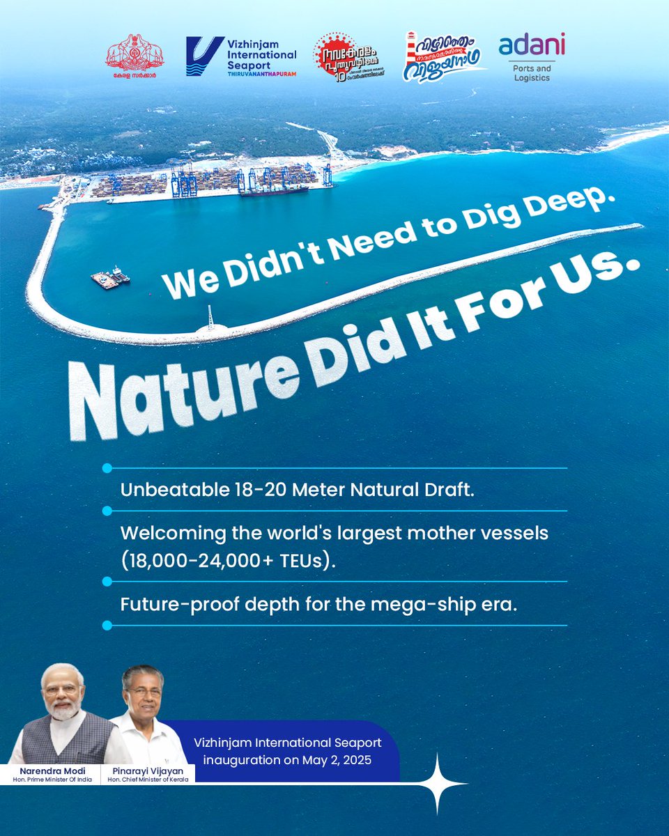 PortOfVizhinjam's tweet photo. Depth matters. Vizhinjam boasts a massive 18-20m natural draft, ready for the biggest ships afloat. No draft restrictions, just pure capacity. Bring on the behemoths! 

#VizhinjamDeepDive #NaturalDraft #MegaShipReady #DeepWaterPort #ULCV #PortCapacity https://t.co/f2IWBxzURq