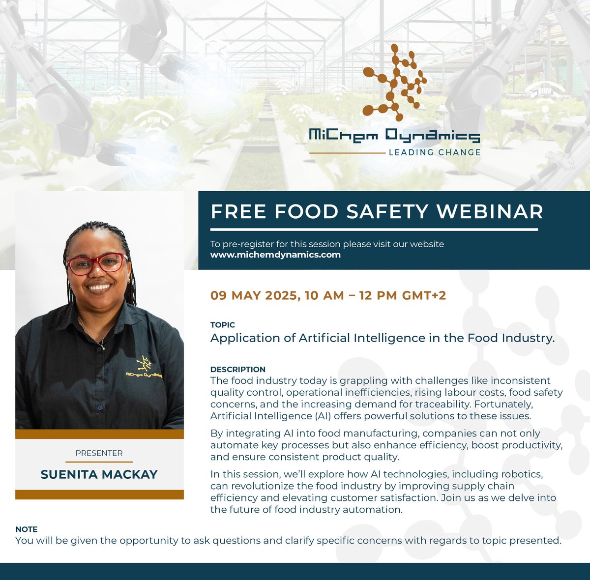 MiChemDynamics's tweet image. 🌍🚨 FREE FOOD SAFETY WEBINAR ALERT! 

📅 On 9 May 2025, join MiChem Dynamics for an exclusive FREE webinar where we’ll explore how AI and robotics are transforming the food industry! 

👉 Register here: us02web.zoom.us/webinar/regist…

#FoodSafety #AIInFoodIndustry #MiChemDynamics