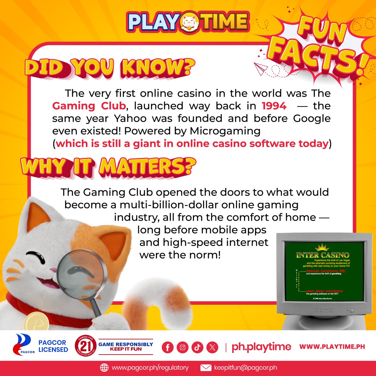FUN FACT, ka-PlayTime!

Ang unang online casino sa buong mundo ay launched noong 1994 — same year as Yahoo, at bago pa si Google! 

Dito nagsimula ang future ng online gaming na ine-enjoy natin hanggang ngayon. 

#PlayTimePH #ItsPlayTime #PlayTime