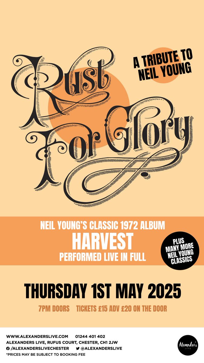 Alexander's (@alexanderslive) on Twitter photo RUST FOR GLORY return with their tribute to Neil Young
🎟️ Get your tickets now 👉👉👉 alexanderslive.seetickets.com/event/rust-for…
<a href="/ShitChester/">12 years of Shitchester</a> <a href="/LivingInChester/">Chester Lifestyle</a> <a href="/chestertourist/">chestertouristcom</a> <a href="/chesterdotcom/">chester.com</a> <a href="/standardchester/">Chester Standard</a> <a href="/Dee1063/">Chester's Dee Radio</a> <a href="/chestertweetsuk/">#chestertweets</a> <a href="/welovegoodtimes/">We Love Good Times™</a> RUST FOR GLORY return with their tribute to Neil Young
🎟️ Get your tickets now 👉👉👉 alexanderslive.seetickets.com/event/rust-for…
<a href="/ShitChester/">12 years of Shitchester</a> <a href="/LivingInChester/">Chester Lifestyle</a> <a href="/chestertourist/">chestertouristcom</a> <a href="/chesterdotcom/">chester.com</a> <a href="/standardchester/">Chester Standard</a> <a href="/Dee1063/">Chester's Dee Radio</a> <a href="/chestertweetsuk/">#chestertweets</a> <a href="/welovegoodtimes/">We Love Good Times™</a>