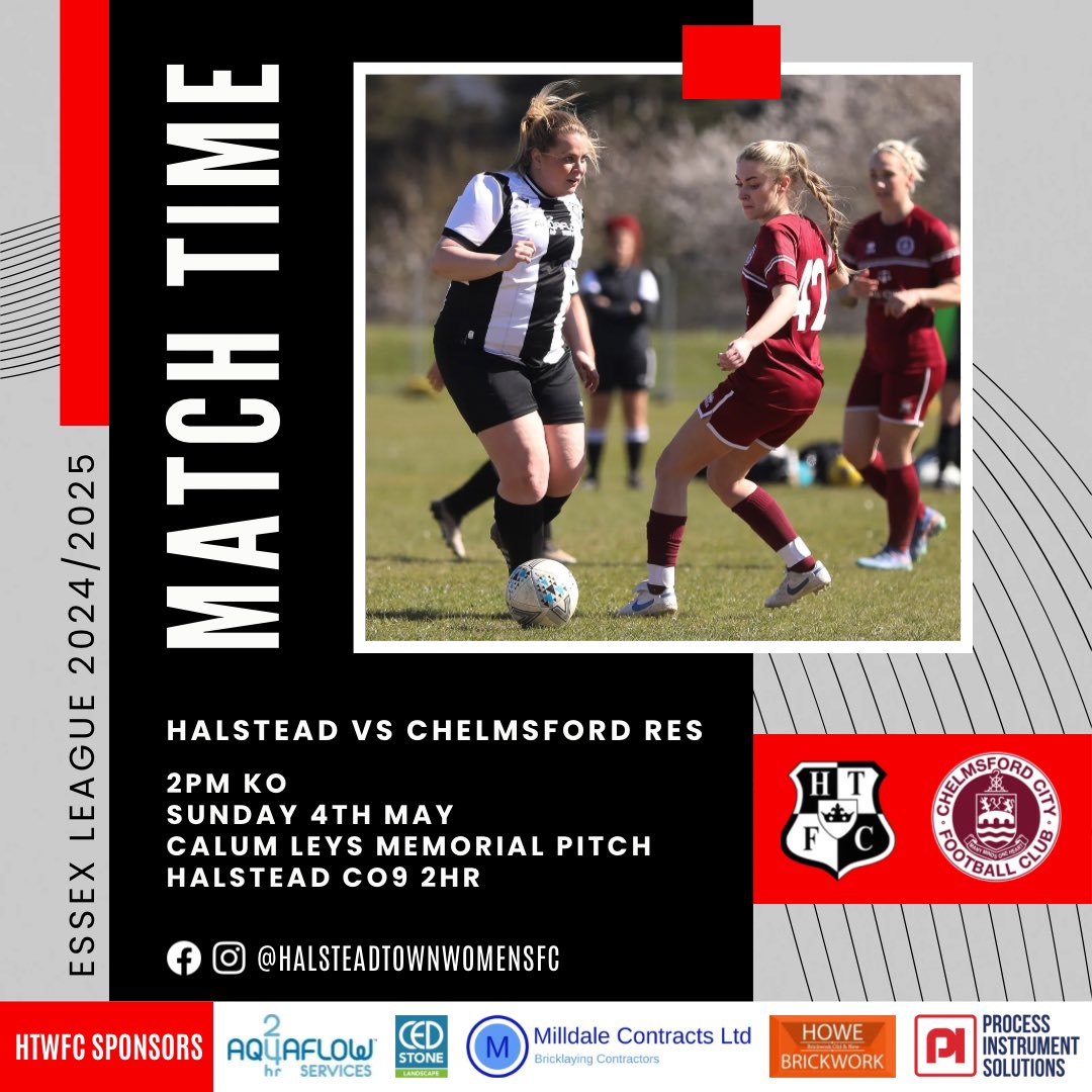 We welcome Chelmsford Reserves to Halstead on Sunday, as we compete for the third and final time this season. ⚽️🍀

Come along and show your support 🙌🏻

🆚 @ccwfcreserves 
📆 4th May
🕛 KO 2PM
📍 Calum Leys Memorial Ground, Halstead, CO9 2HR