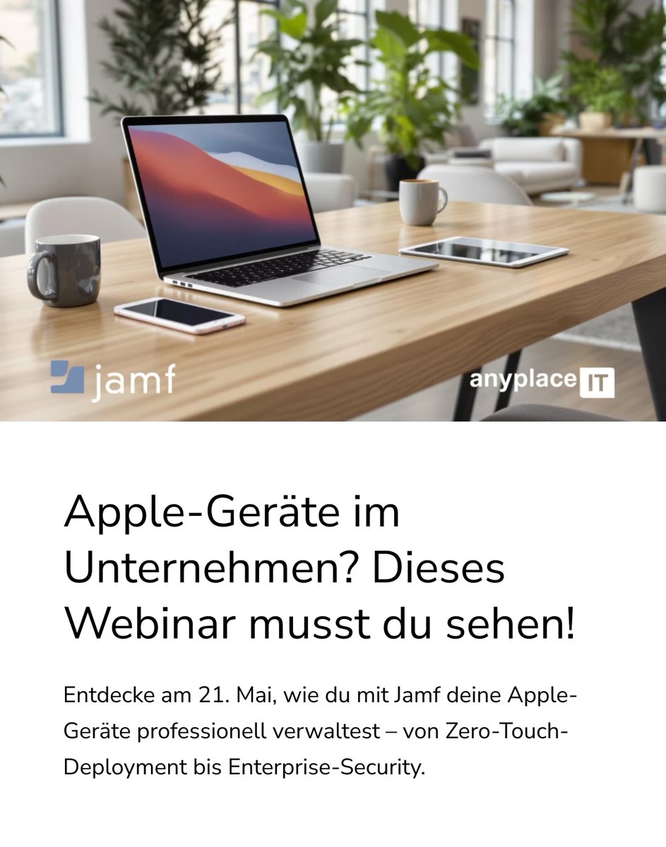 Apple-Geräte sicher &amp; effizient verwalten? 💡 Im kostenlosen #Webinar am 21.5. zeigt Jamf, wie #ZeroTouchDeployment &amp; #MDM im Unternehmen funktionieren. 

Jetzt Platz sichern! 👉
anyplace-it.de/event/webinar-…

#Apple #Jamf #ITSecurity #DeviceManagement