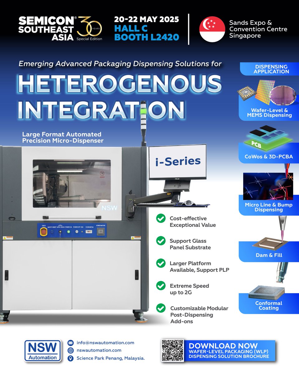 nsw_automation's tweet image. 🌍Join us in Singapore at SEMICON SEA 2025, taking place at the Sands Expo &amp;amp; Convention Center, Hall C – Booth L2420, as we showcase the future of resilient and sustainable manufacturing. ⚙️

#NSWAutomation #DispensingSolutions #SEMICONSEA2025 #TechInnovation #Semiconductor