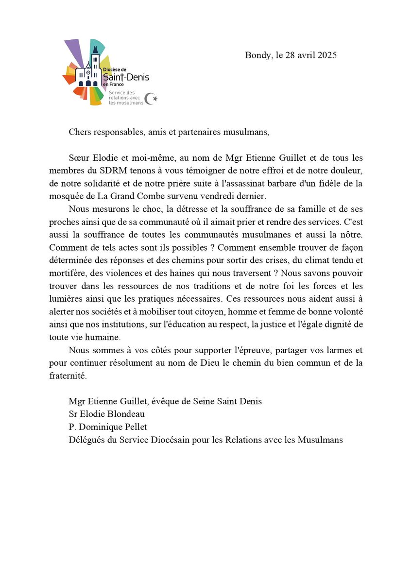 Message de solidarité avec les musulmans de Mgr Etienne Guillet, évêque de Seine St Denis, dans une déclaration de son service diocésain pour les relations avec les musulmans.