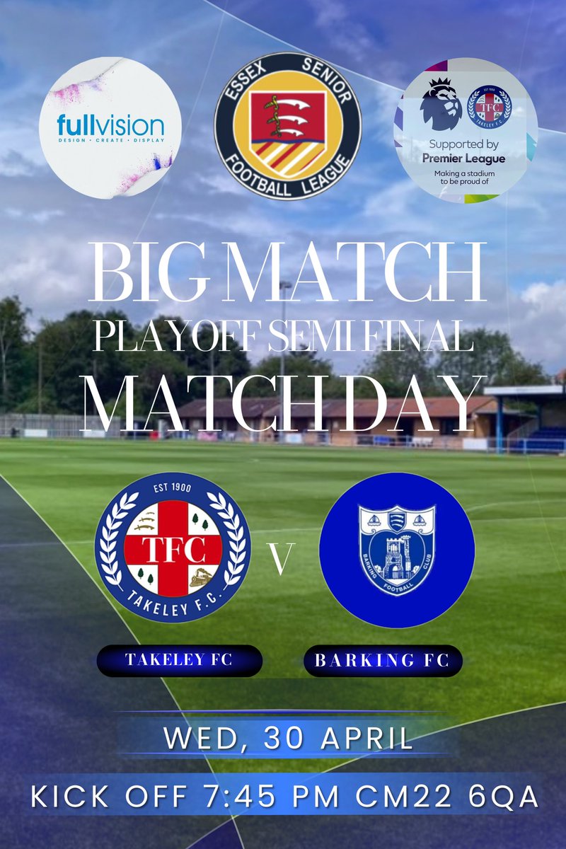 Takeley_FC (@takeley_fc) on Twitter photo The WAIT is over it’s BIG MATCH DAY as we entertain <a href="/barkingfc/">Barking FC</a> in <a href="/EssexSenior/">Essex Senior League</a> PLAYOFF SEMI FINAL
WE NEED YOUR SUPPORT
🔵 HOME vs <a href="/barkingfc/">Barking FC</a>
📆 Wednesday 30th April 2025
🕛 19:45GMT
📍Fullvision CM22 6QA
⚽️ <a href="/EssexSenior/">Essex Senior League</a>
Sponsor <a href="/FullVision_ltd/">Full Vision</a>
📸 <a href="/BeckyMphotos/">Becky Mason</a> The WAIT is over it’s BIG MATCH DAY as we entertain <a href="/barkingfc/">Barking FC</a> in <a href="/EssexSenior/">Essex Senior League</a> PLAYOFF SEMI FINAL
WE NEED YOUR SUPPORT
🔵 HOME vs <a href="/barkingfc/">Barking FC</a>
📆 Wednesday 30th April 2025
🕛 19:45GMT
📍Fullvision CM22 6QA
⚽️ <a href="/EssexSenior/">Essex Senior League</a>
Sponsor <a href="/FullVision_ltd/">Full Vision</a>
📸 <a href="/BeckyMphotos/">Becky Mason</a>