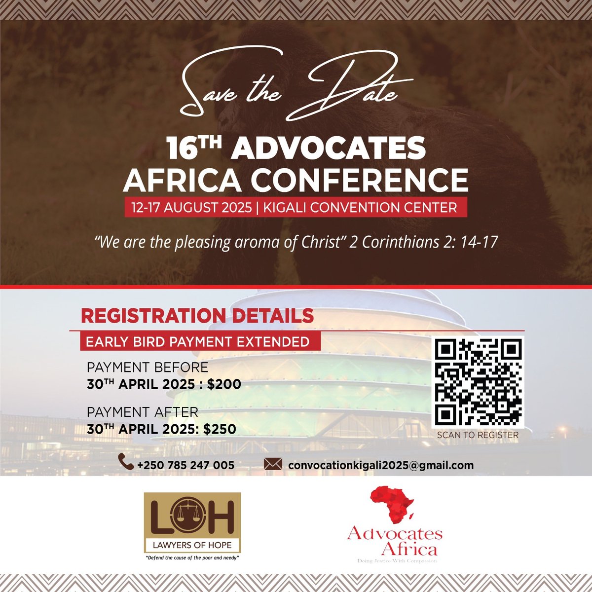 The Network of Lawyers of Hope in Rwanda (@loh_rwanda) on Twitter photo ⏳ Today is the Last Day for Early Payment – Register Now! 📝
Don’t miss your chance to attend this strategic continental event, bringing together approximately 350 participants from 43 African countries.
🔗 Learn more and register today: africaevents.rw
<a href="/Rwanda_Bar/">Rwanda Bar Association</a> ⏳ Today is the Last Day for Early Payment – Register Now! 📝
Don’t miss your chance to attend this strategic continental event, bringing together approximately 350 participants from 43 African countries.
🔗 Learn more and register today: africaevents.rw
<a href="/Rwanda_Bar/">Rwanda Bar Association</a>