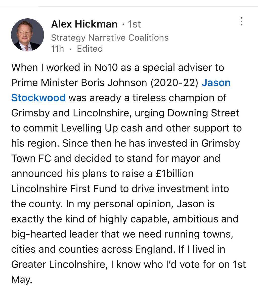 Wow. Did not expect, but really appreciate this public endorsement from a Conservative No 10 advisor. Place before party politics in action. Thanks Alex.  #jason4mayor