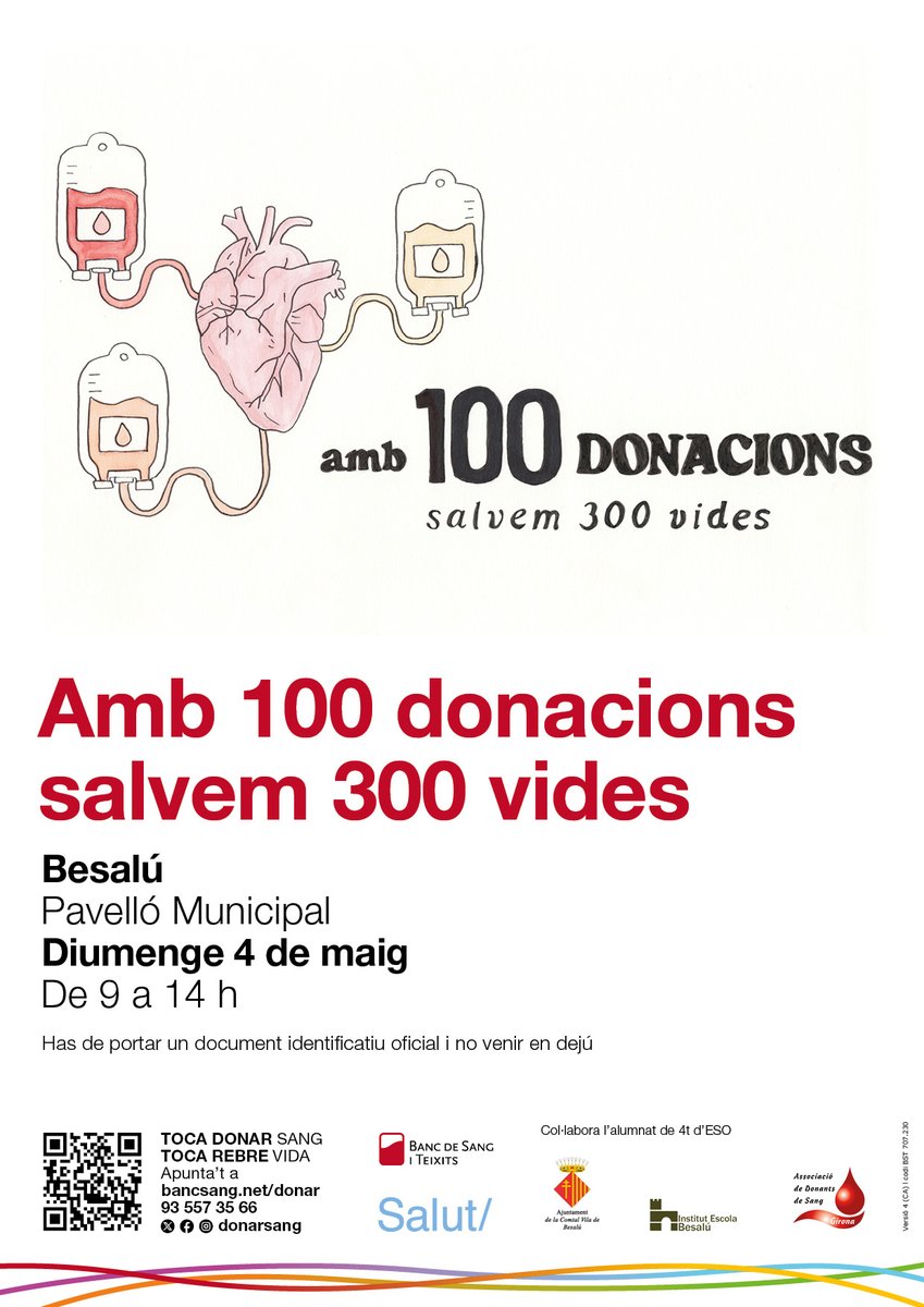 F. Hospital d'Olot (@hospiolot) on Twitter photo 🩸Aquest diumenge 4 de maig, donació de sang a
<a href="/Aj_Besalu/">Ajuntament de Besalú</a>
📌Pavelló Municipal
⏰De 9 h a 14 h
#DonaSang #Garrotxa #ViuiFesViure 🩸Aquest diumenge 4 de maig, donació de sang a
<a href="/Aj_Besalu/">Ajuntament de Besalú</a>
📌Pavelló Municipal
⏰De 9 h a 14 h
#DonaSang #Garrotxa #ViuiFesViure