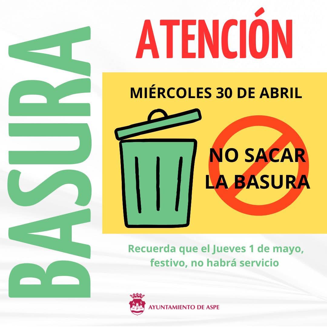 📢 COMUNICADO IMPORTANTE A LOS VECINOS DE ASPE🏡
🗓️ Hoy miércoles 30 de abril NO SE DEBE SACAR LA BASURA 🛑 debido a que mañana jueves 1 de mayo es festivo por el Día del Trabajador👷‍♀️👨‍🏭.
♻️ ¡Gracias por respetar las normas y cuidar entre todos de nuestro pueblo! 💚