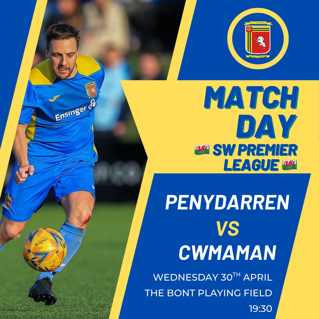 FC_Cwmaman (@fc_cwmaman) on Twitter photo ⚽️ MATCHDAY ⚽️
This evening we face <a href="/PenydarrenFC/">Penydarren BGC</a> away at The Bont Playing Fields, 19:30 KO 🤝
Our penultimate away game of the season, come and show your support 👏🏻
#UpTheCwm 🔵🟡 ⚽️ MATCHDAY ⚽️
This evening we face <a href="/PenydarrenFC/">Penydarren BGC</a> away at The Bont Playing Fields, 19:30 KO 🤝
Our penultimate away game of the season, come and show your support 👏🏻
#UpTheCwm 🔵🟡