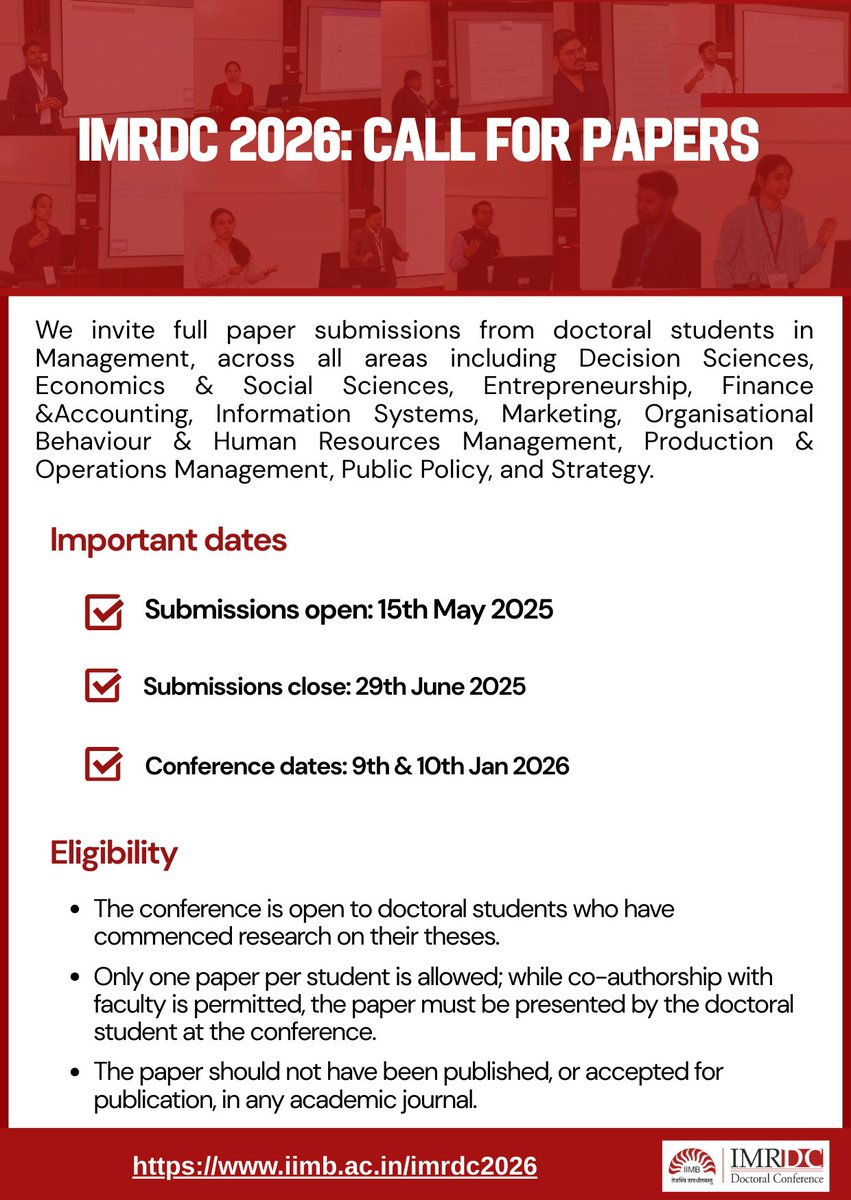 IMR_IIMB's tweet photo. 📌IMRDC 2026: Call for Papers
To register:
https://t.co/LHHVUtuPfJ
For more information on CFP:
https://t.co/Y6hyJtNxOv
Submissions open: 15th May 2025
#IMRDC2026 #IIMB #IMR #IMRDC #IMRDoctoralConference #imrdc_official #CallForPapers #CallforSubmissions @iimb_official https://t.co/yDvEwe4YsQ