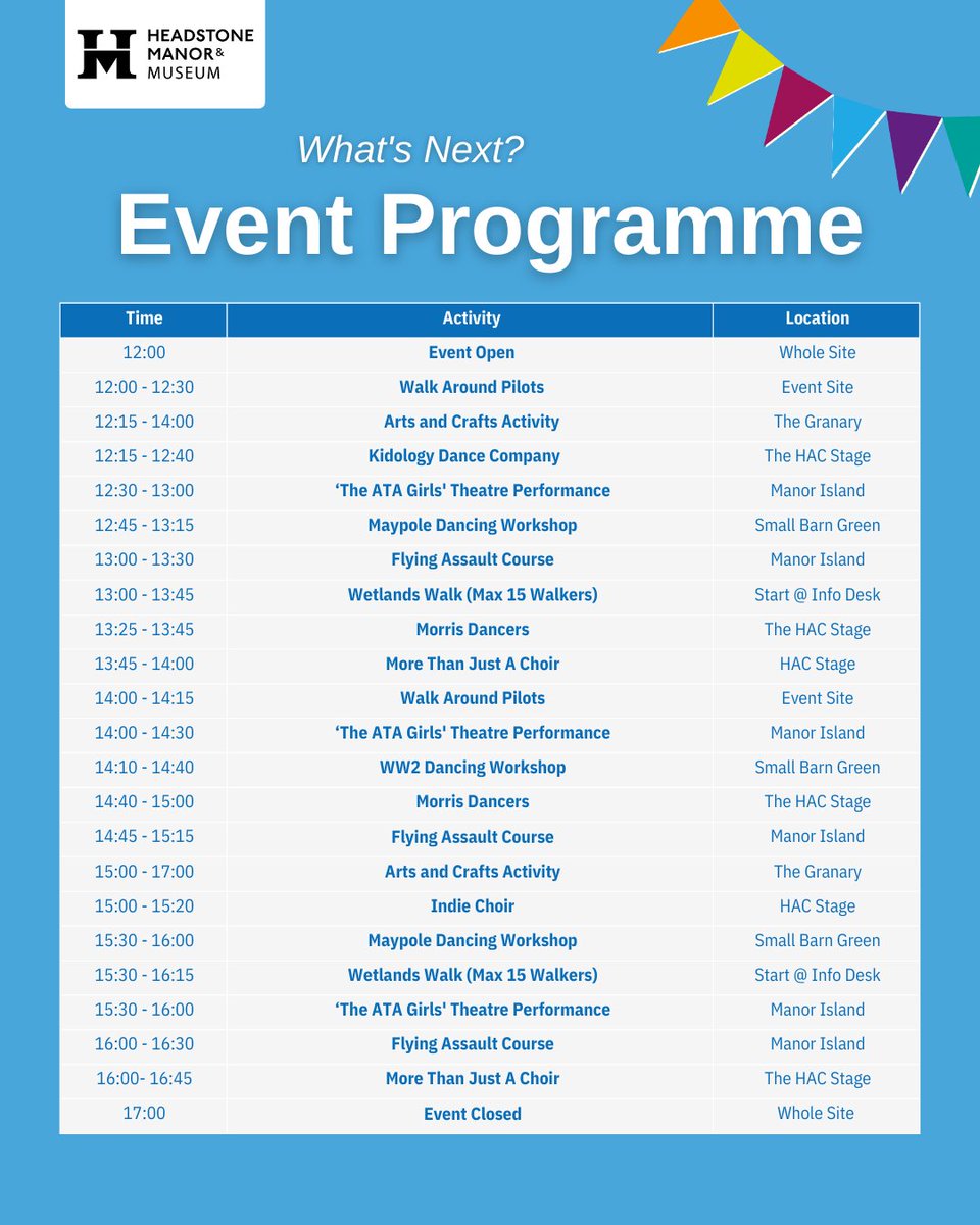 Our programme for VE Day on Monday is confirmed 🙌
In between the excitement, there is also a whole heap of artisan market stalls, fairground rides and food &amp; drink to explore too 🌻

Tickets from £2.50 - book today!

headstonemanor.org/events/ve-day-…
