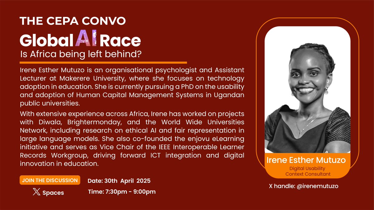 CEPA (@centre4policy) on Twitter photo .<a href="/irenemutuzo/">Irene Esther Mutuzo</a> will be sharing her expertise on AI on the #CEPAconvo today at 7:30 pm.
Join the space here: x.com/i/spaces/1OwxW… #AISummitUG .<a href="/irenemutuzo/">Irene Esther Mutuzo</a> will be sharing her expertise on AI on the #CEPAconvo today at 7:30 pm.
Join the space here: x.com/i/spaces/1OwxW… #AISummitUG