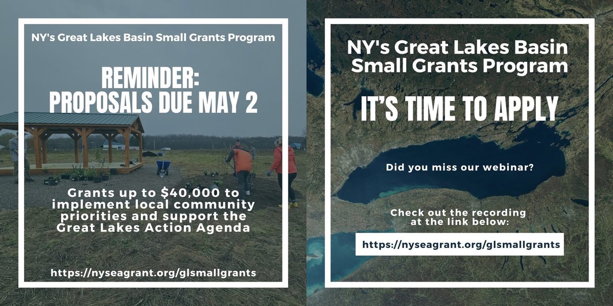 New York Sea Grant (@nyseagrant) on Twitter photo Deadline is 5/2 at 4:30 pm to apply for <a href="/nyseagrant/">New York Sea Grant</a>, <a href="/NYSDEC/">New York State Dept. of Environmental Conservation</a>’s NY #GreatLakes Basin Small Grants - $200K for projects (up to $40K each) supporting water quality, natural resources, sustainable land use in GL watershed. Watch our recent webinar: nyseagrant.info/glbsmallgrants… <a href="/SeaGrant/">NOAA Sea Grant</a> Deadline is 5/2 at 4:30 pm to apply for <a href="/nyseagrant/">New York Sea Grant</a>, <a href="/NYSDEC/">New York State Dept. of Environmental Conservation</a>’s NY #GreatLakes Basin Small Grants - $200K for projects (up to $40K each) supporting water quality, natural resources, sustainable land use in GL watershed. Watch our recent webinar: nyseagrant.info/glbsmallgrants… <a href="/SeaGrant/">NOAA Sea Grant</a>