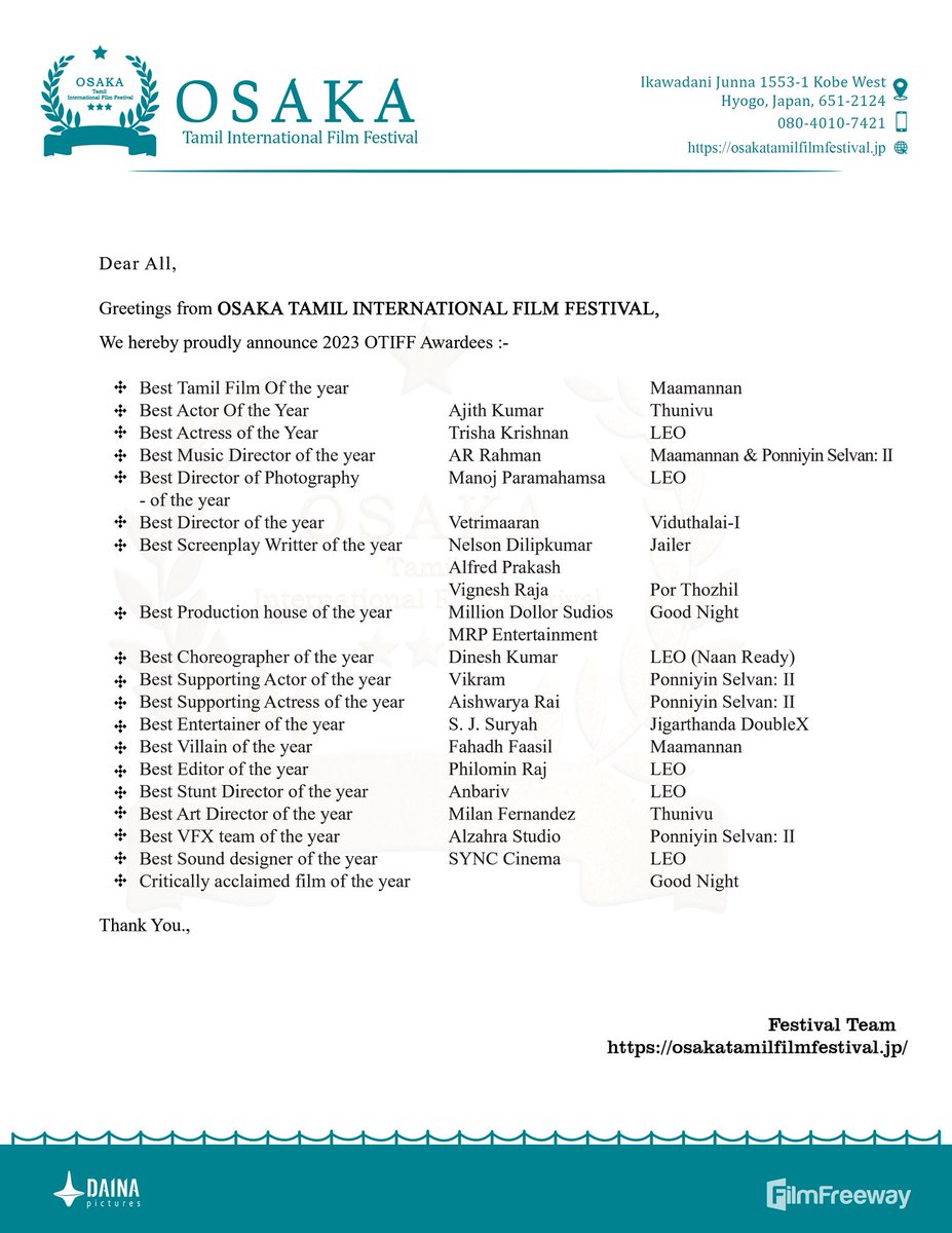 #OTIFF2023 Awardees List 💐

<a href="/ThanthiTV/">Thanthi TV</a> <a href="/TamilTheHindu/">Tamil The Hindu</a> <a href="/PTTVOnlineNews/">PTTV</a> <a href="/SunTV/">Sun TV</a> <a href="/KskSelvaKumaar/">KSK Selva Kumaar</a> <a href="/Rajini_Japan/">ラジニjp ரஜினி ஜப்பான்</a> <a href="/SureshDaina/">Suresh Nallusamy</a>