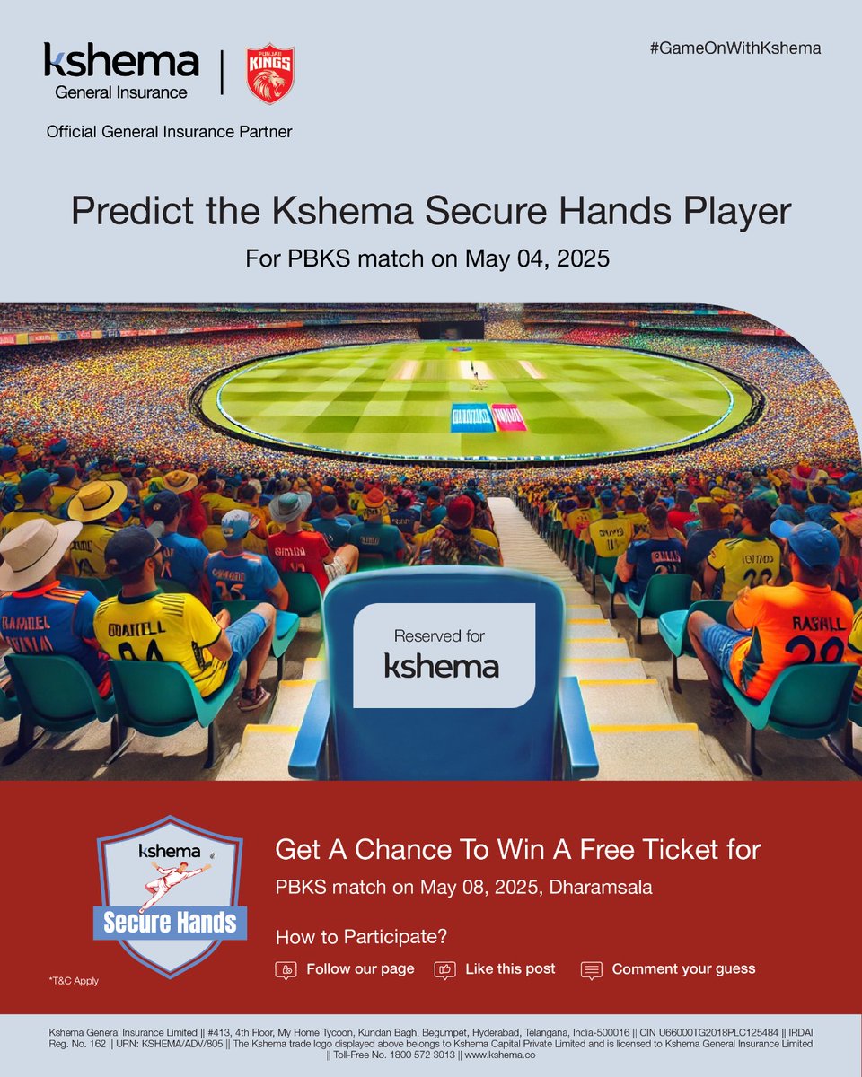 Kshema_Suraksha's tweet photo. Participate in the #KshemaSecureHands Contest and stand a chance to win a free @PunjabKingsIPL match ticket!
Follow our social media page, like this post, reply with your prediction, and stay tuned.
Guess now!
T&C Apply: https://t.co/u0d5GDiS2o #GameOnWithKshema https://t.co/nLjxre3D87