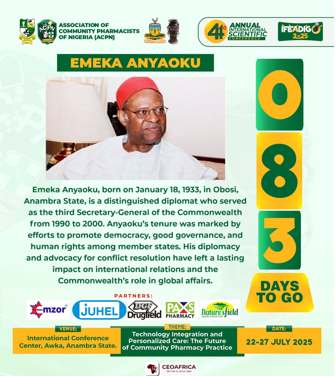 0️⃣8️⃣3️⃣ days to IFEADIGO 2025.
Join the ACPN Annual Scientific Conference.

- Where innovation meets care.
- Network, discover and transform your practice.
- Let’s Shape the Future Together 

To Register
acpnnigeria.org/conference

22nd - 27th July, 2025. 
ICC Awka, Anambra State.