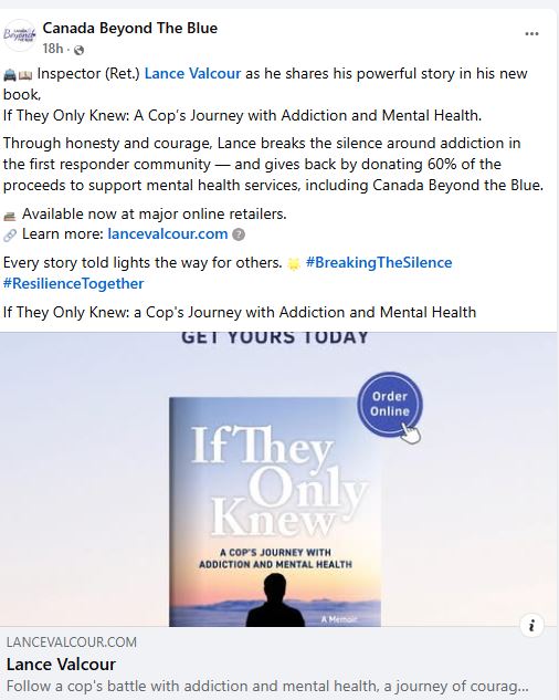 Lance Valcour 🇨🇦 (@lance_valcour) on Twitter photo I'M PROUD TO SUPPORT <a href="/DilnazGarda/">Dilnaz Garda</a> and her fantastic team at Canada Beyond The Blue (<a href="/CanadaBTB/">Canada Beyond The Blue</a>) via my book 𝙄𝙛 𝙏𝙝𝙚𝙮 𝙊𝙣𝙡𝙮 𝙆𝙣𝙚𝙬: 𝙖 𝘾𝙤𝙥'𝙨 𝙅𝙤𝙪𝙧𝙣𝙚𝙮 𝙬𝙞𝙩𝙝 𝘼𝙙𝙙𝙞𝙘𝙩𝙞𝙤𝙣 𝙖𝙣𝙙 𝙈𝙚𝙣𝙩𝙖𝙡 𝙃𝙚𝙖𝙡𝙩𝙝.
They were kind enough to post the following on I'M PROUD TO SUPPORT <a href="/DilnazGarda/">Dilnaz Garda</a> and her fantastic team at Canada Beyond The Blue (<a href="/CanadaBTB/">Canada Beyond The Blue</a>) via my book 𝙄𝙛 𝙏𝙝𝙚𝙮 𝙊𝙣𝙡𝙮 𝙆𝙣𝙚𝙬: 𝙖 𝘾𝙤𝙥'𝙨 𝙅𝙤𝙪𝙧𝙣𝙚𝙮 𝙬𝙞𝙩𝙝 𝘼𝙙𝙙𝙞𝙘𝙩𝙞𝙤𝙣 𝙖𝙣𝙙 𝙈𝙚𝙣𝙩𝙖𝙡 𝙃𝙚𝙖𝙡𝙩𝙝.
They were kind enough to post the following on