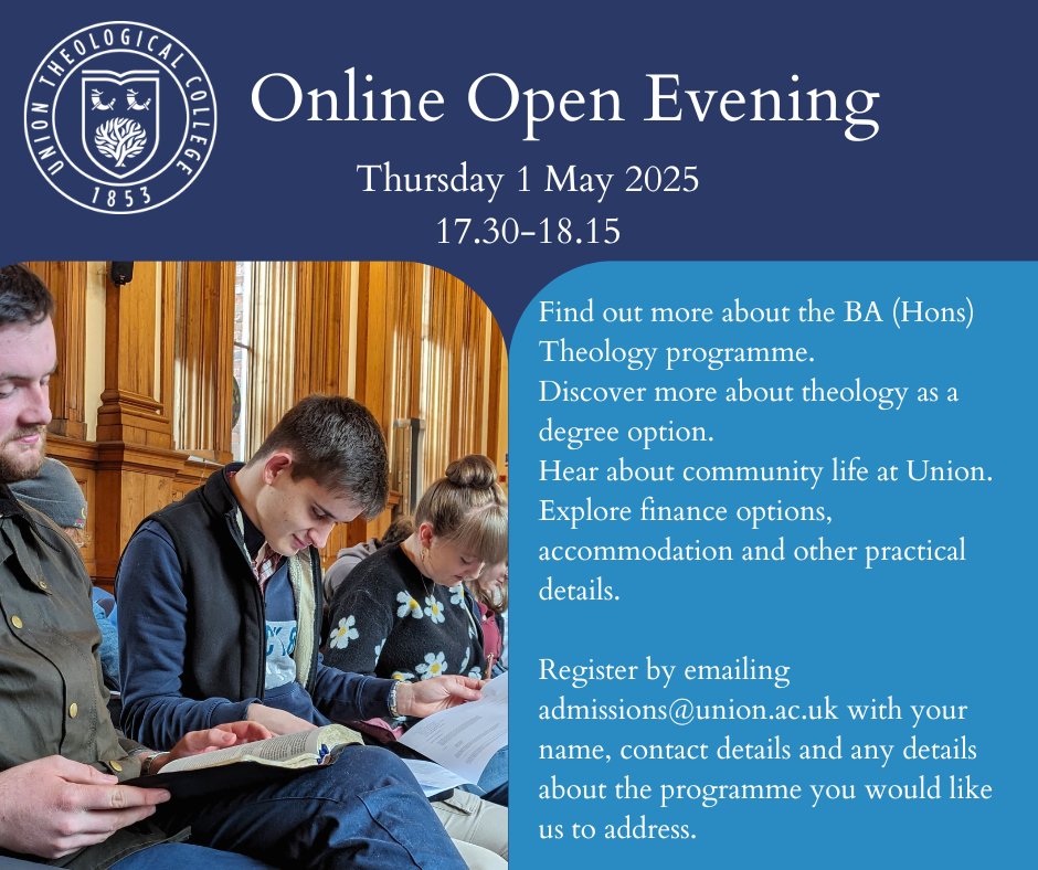 I wish I would have known about an undergrad program like this. BA (Honors) in Theology, completed in 3 years, $7.2k per year, living and studying in Belfast. A stellar program taught by a stellar faculty. <a href="/UnionTCollege/">Union Theological College</a> 

union.ac.uk/programmes/ba-…

Interest meeting tomorrow 👇