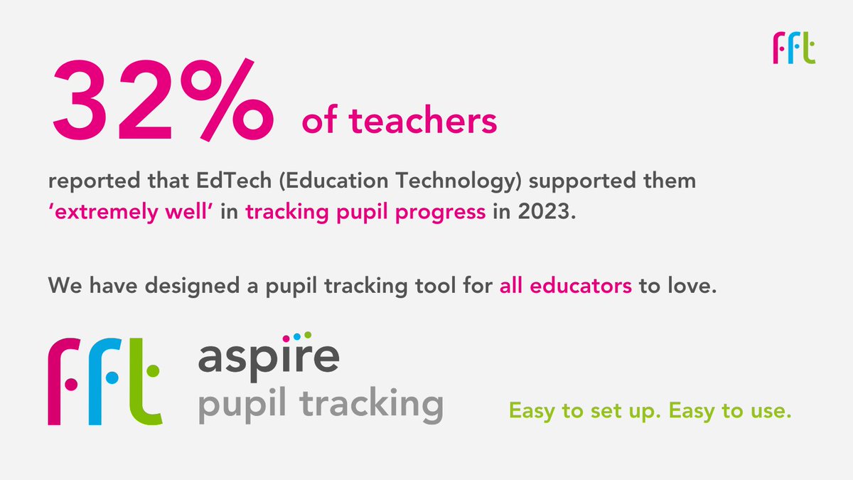 FFT Education (@fftedu) on Twitter photo In a 2023 survey by the <a href="/EduPolicyInst/">Education Policy Institute</a>, 32% of teachers reported that EdTech supported them extremely well in tracking pupil progress. π
Why not 100%?
Aspire Pupil Tracking can be a tool for all educators to love.
Find out more: vist.ly/3n352yp
#Educhat #EdTech In a 2023 survey by the <a href="/EduPolicyInst/">Education Policy Institute</a>, 32% of teachers reported that EdTech supported them extremely well in tracking pupil progress. π
Why not 100%?
Aspire Pupil Tracking can be a tool for all educators to love.
Find out more: vist.ly/3n352yp
#Educhat #EdTech