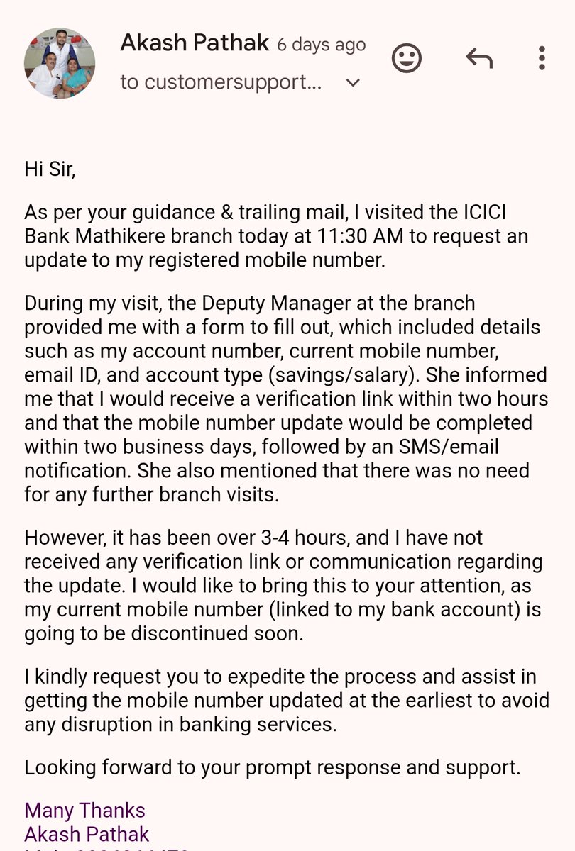 akashpathak90's tweet photo. We live in a time where AI can resolve any matter quickly, it is disappointing that my issue for updating my new mobile number on my ICICI Bank account &amp; receiving notifications of all banking services still not resolved.

Same on @ICICIBank, @ICICIBank_Care, @ICICI_Direct https://t.co/BGIt0FiOKr
