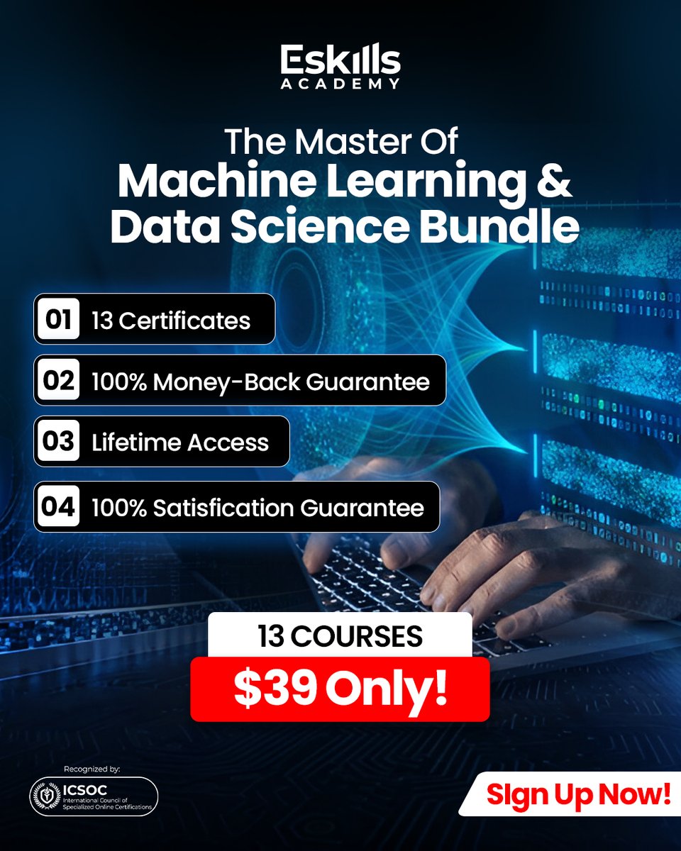 EskillsA's tweet image. "The Master Of Machine Learning & Data Science Bundle
13 Courses
$39 Only
13 Certificates
100% Money-Back Guarantee
Lifetime Access
100% Satisfication Guarantee
SIgn Up Now!"
eskills.academy/p/machine-lear…
.
.
#onlinecourses #datasciencecourse #machinelearningcourse #bigdatacourse