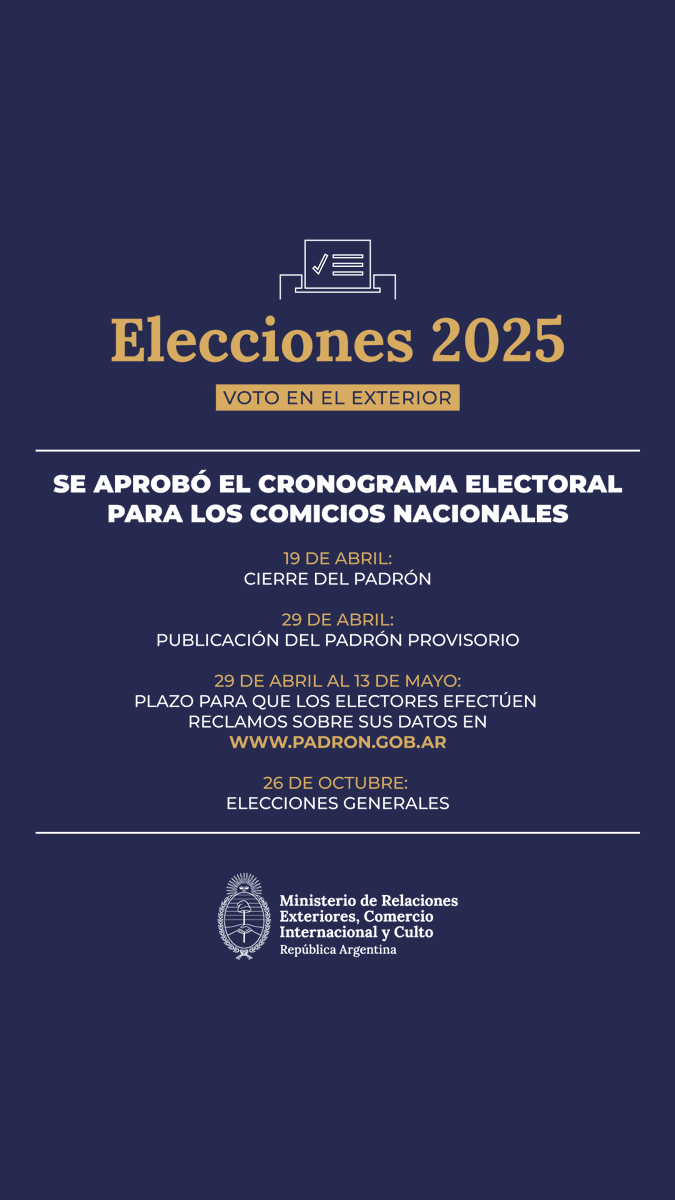 Se informa a la comunidad argentina que, la Cámara Nacional Electoral ha habilitado la consulta padrón electoral provisorio para las elecciones nacionales del 26 de octubre. 
Acceda padron.gob.ar para corroborar sus datos y en caso necesario, realizar su reclamo.
