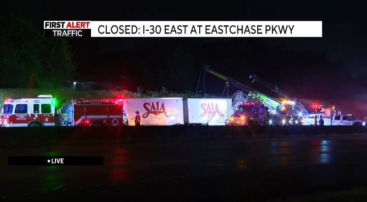Lauren Crawford (@laurenacrawford) on Twitter photo #BREAKING 🚨 CLOSED: I-30 East at Eastchase Pkwy in Arlington due to 18-wheeler crashing into overhead sign. Expect major disruptions through morning rush hour! ⚠️ <a href="/CBSNewsTexas/">CBS News Texas</a> #BREAKING 🚨 CLOSED: I-30 East at Eastchase Pkwy in Arlington due to 18-wheeler crashing into overhead sign. Expect major disruptions through morning rush hour! ⚠️ <a href="/CBSNewsTexas/">CBS News Texas</a>