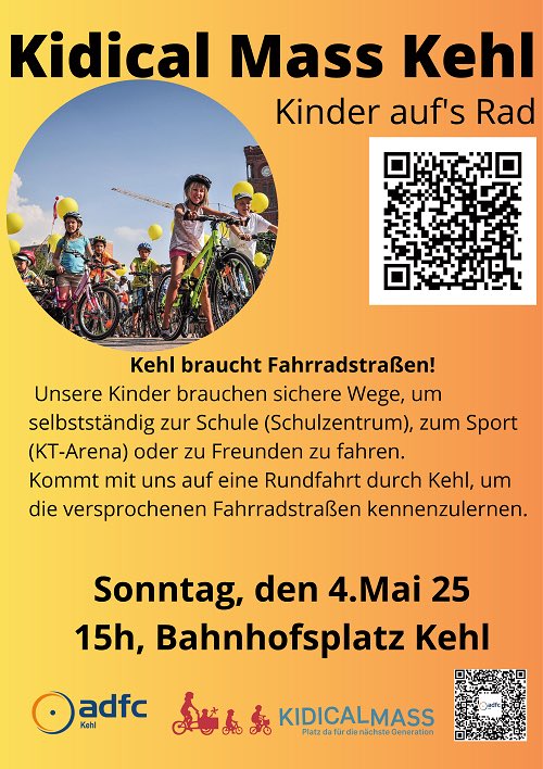 Kehl macht mobil: KidicalMass, eine Kinder- und Familiendemo für sichere Radinfra! So, 4. Mai 15h Bahnhofplatz.
adfc-bw.de/ortenau/politi…