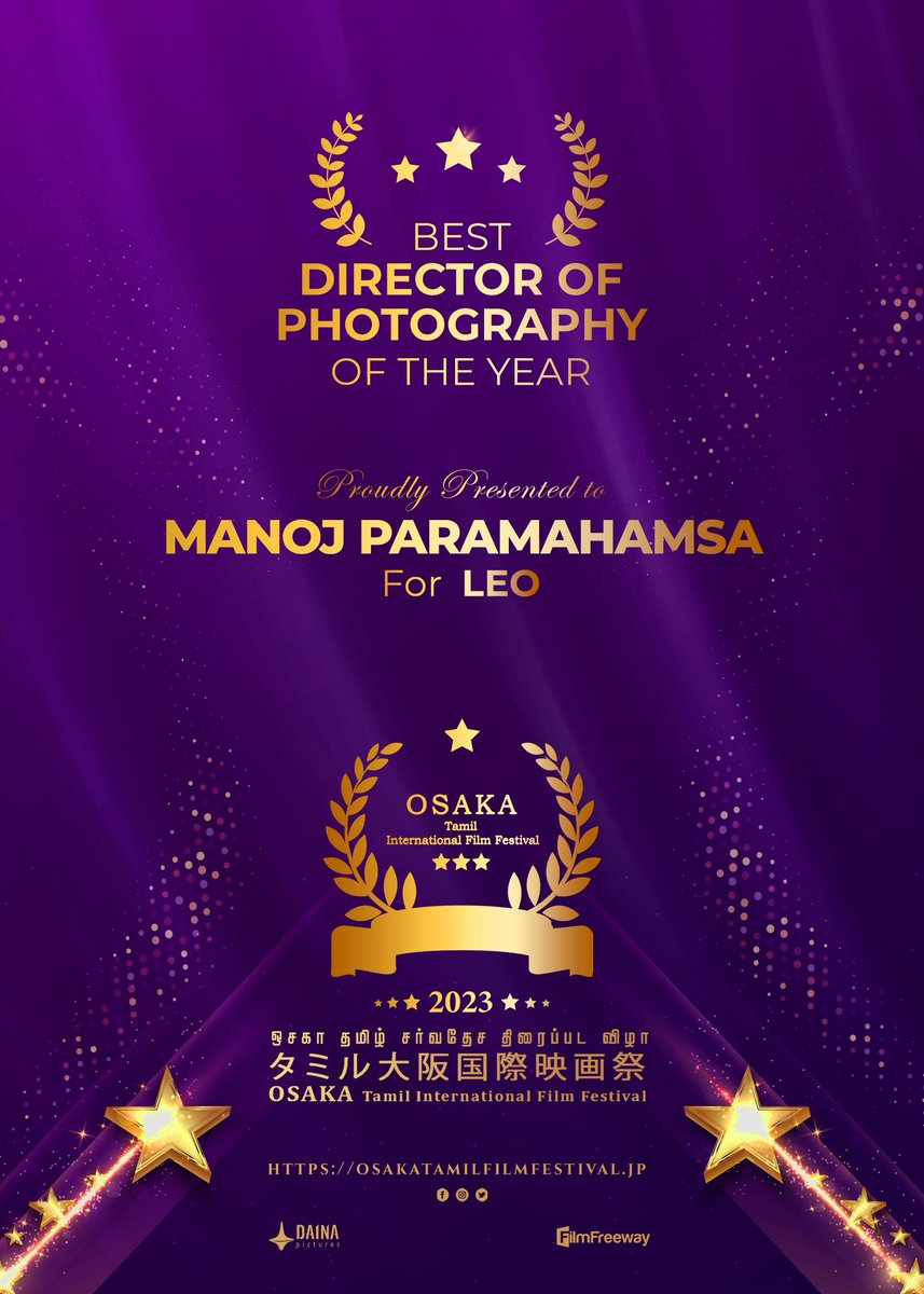 osaka_tamil's tweet photo. #OTIFF2023 Best Director of Photography Award Proudly presented to Manoj Paramahamsa for Leo ♌️ 

@Dir_Lokesh @7screenstudio 

@osaka_tamil @Rajini_Japan @KskSelvaKumaar @SureshDaina https://t.co/Dh3RS8owKp