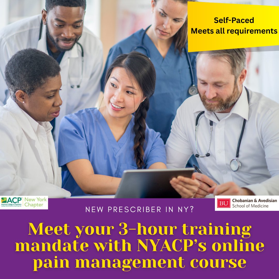 📢 New prescriber in New York? Start here.

NYACP’s Pain Management Training Course is designed to help residents, fellows, and all new prescribers meet the mandatory 3-hour NY State opioid/pain management training mandate.

🎯 Stay compliant: nyacp.org/pain-course