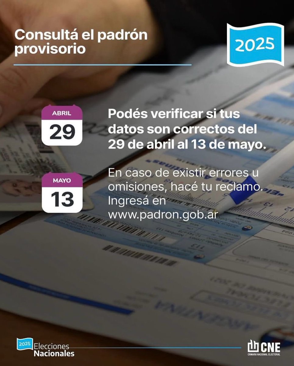 🗳️ Se ha habilitado la consulta padrón electoral provisorio para las elecciones nacionales del 26 de octubre de este año.

🗓️ El padrón provisorio estará disponible hasta el 13 de mayo.