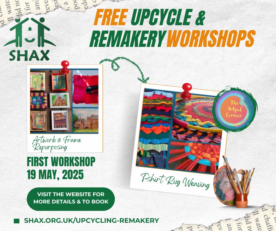 🌿 Transform, Create, and Upcycle with SHAX! 🌿

Join us for hands-on FREE Upcycling &amp; Remakery workshops, where expert Julie Stephen from The Artful Corner will guide you in breathing new life into old items.

📢 Limited Spaces – Booking Required!
 👉 shax.org.uk/upcycling-rema…