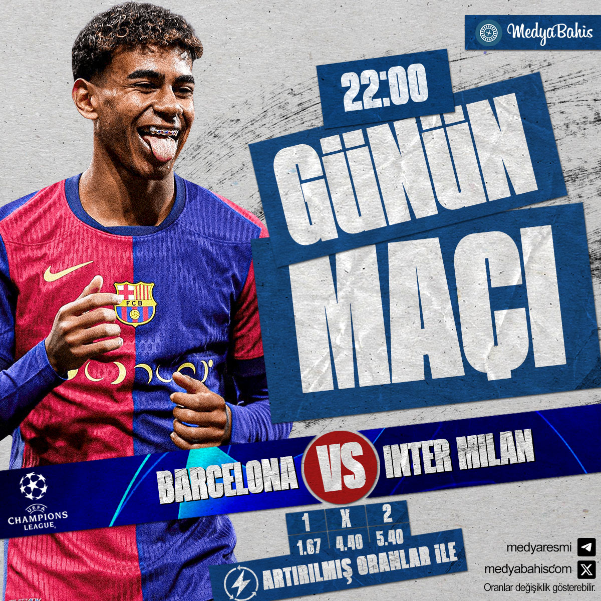 🏆 Medya'da Günün Şampiyonlar Ligi Maçı!
⚽️ Barcelona❌Inter Milan
➡️ cutt.ly/3eUUNOP
🎁 %100 Risksiz Bahis ile Medya'da!