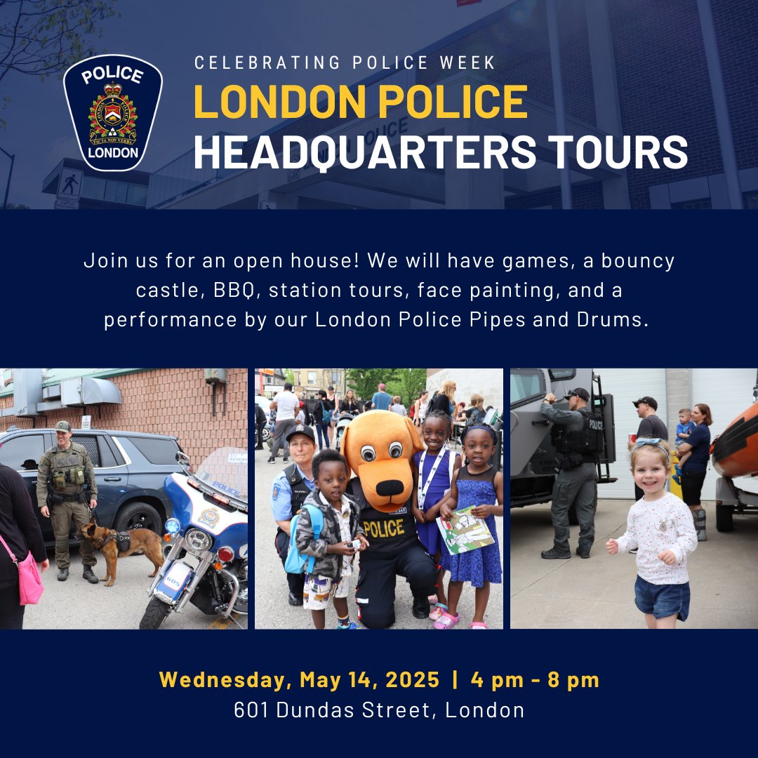 Mark your calendars for the London Police Service Headquarters Tours! 👮 📅 🎉 

Join us on Wednesday, May 14, 2025, from 4 - 8 pm for a special celebration and open house at London Police Headquarters in honour of National Police Week 2025! This event promises a day filled with