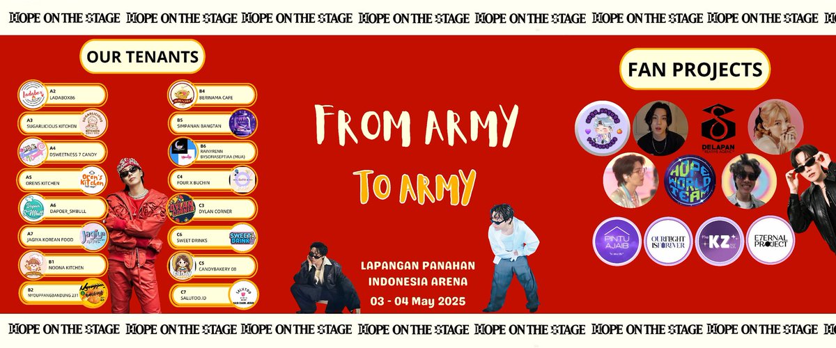 VeeHope_twt's tweet photo. Temukan jajanan favorit & fan project keren di HOPE ON THE STAGE!
Gabung di Lapangan Panahan, Indonesia Arena โ 3-4 Mei 2025 dan rasakan vibes dari ARMY untuk ARMY!
Jangan sampai ketinggalan!
#HopeOnTheStage
#HOPE_ON_STAGE_TOUR_JAKARTA
#FROMARMYTOARMY #HOS2025
#JHOPE
#BTS https://t.co/xkPa9B1BOj