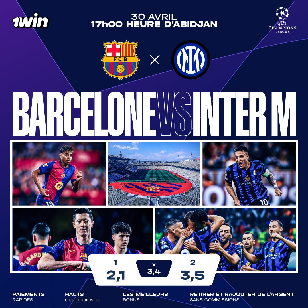 1win_fr's tweet photo. Quels sont vos projets pour mercredi ? 😏

30 avril — Barcelone vs Inter Milan

Un choc au sommet de la Ligue des Champions, en direct sur 1win 🔥L'attaque catalane va-t-elle faire des ravages, ou la défense milanaise va-t-elle tenir bon ?

Faites vos pronostics dans les commentaires !