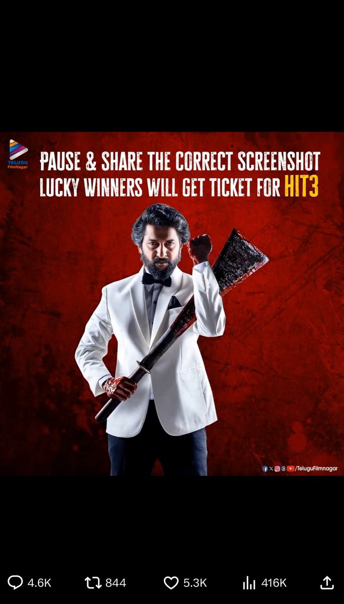 RamanaMedia's tweet photo. @telugufilmnagar Done 👍 #Hit3 #TFNTicketContest #TeluguFilmNagar https://t.co/iItR9y9sbb