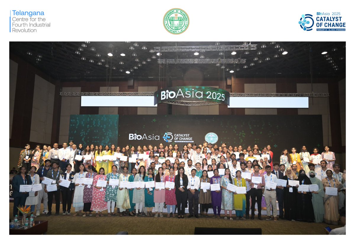 C4IR_Telangana's tweet photo. Proud moment at #BioAsia2025 as we awarded graduation certificates to the first batch of the #C4IRTelangana Life Sciences Skilling Program in #SyntheticOrganicChemistry, launched with our industry partners.
#telanganagoverment #tlsf https://t.co/RAnG2vxSwp