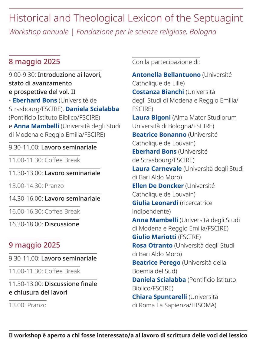 IOSCSOfficial's tweet image. Workshop annuale: Historical and Theological Lexicon of the Septuagint (HTLS, Tübingen, Mohr Siebeck, 4 vols., 2020-) Fondazione per le scienze religiose via San Vitale 114 - 40125 Bologna, 8-9 maggio 2025 | 09.00-18.00